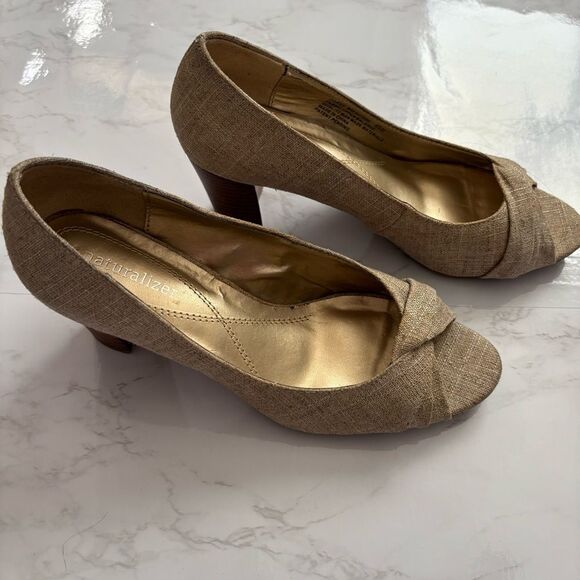 Naturalizer Women's Tan and Gold Woven Peep Toe Heels 6.5 - Picture 5 of 7